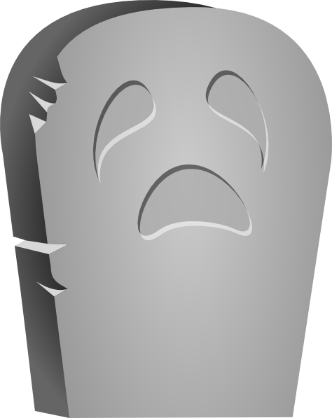 Gray tombstone with a sad, crying face carved into its surface, cracked on the left side.