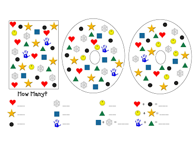 Educational math worksheet with icons, Venn diagrams, and counting exercises for children.
