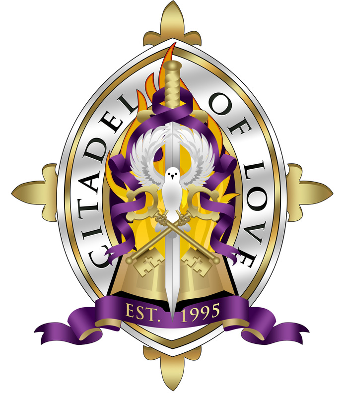 Citadel of Love emblem featuring a sword, dove, crossed keys, flames, and purple ribbons, established 1995.