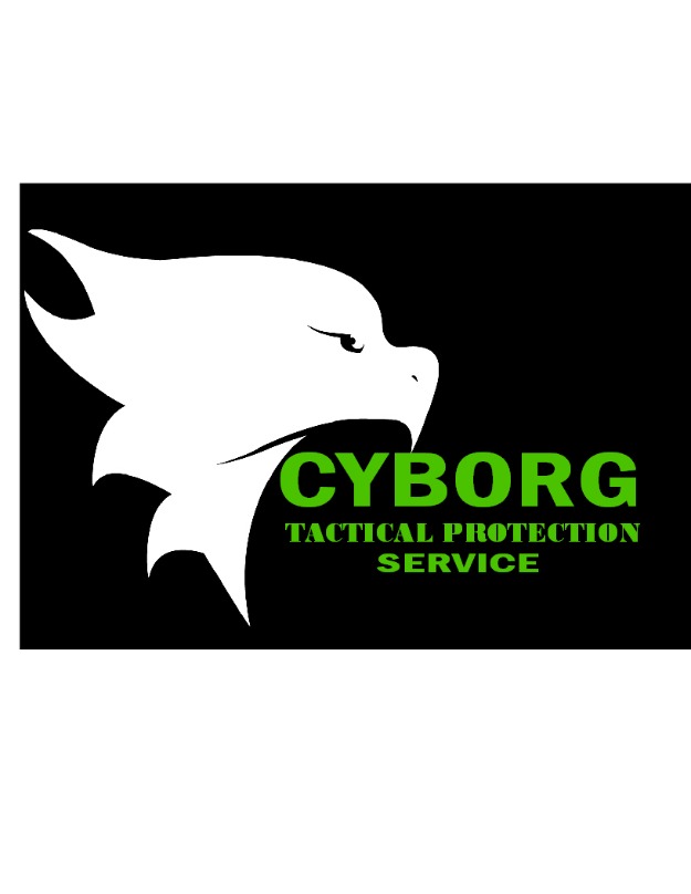 White eagle head silhouette with green "CYBORG Tactical Protection Service" text on black background.