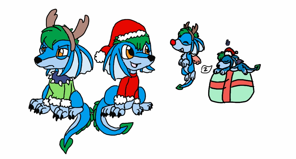 Festive Blue Dragon Characters in Christmas Outfits - Holiday Illustration