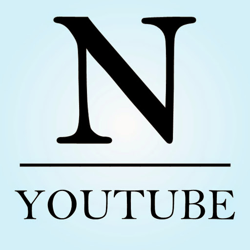 Black serif "N" logo above horizontal line and "YOUTUBE" text on light blue background.