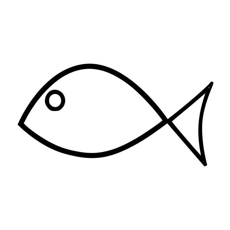 Simple white cartoon fish with black eye on black background, stylized minimalist design.