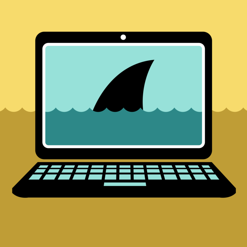 Laptop screen showing a shark fin emerging from water, symbolizing online threats or phishing attacks.