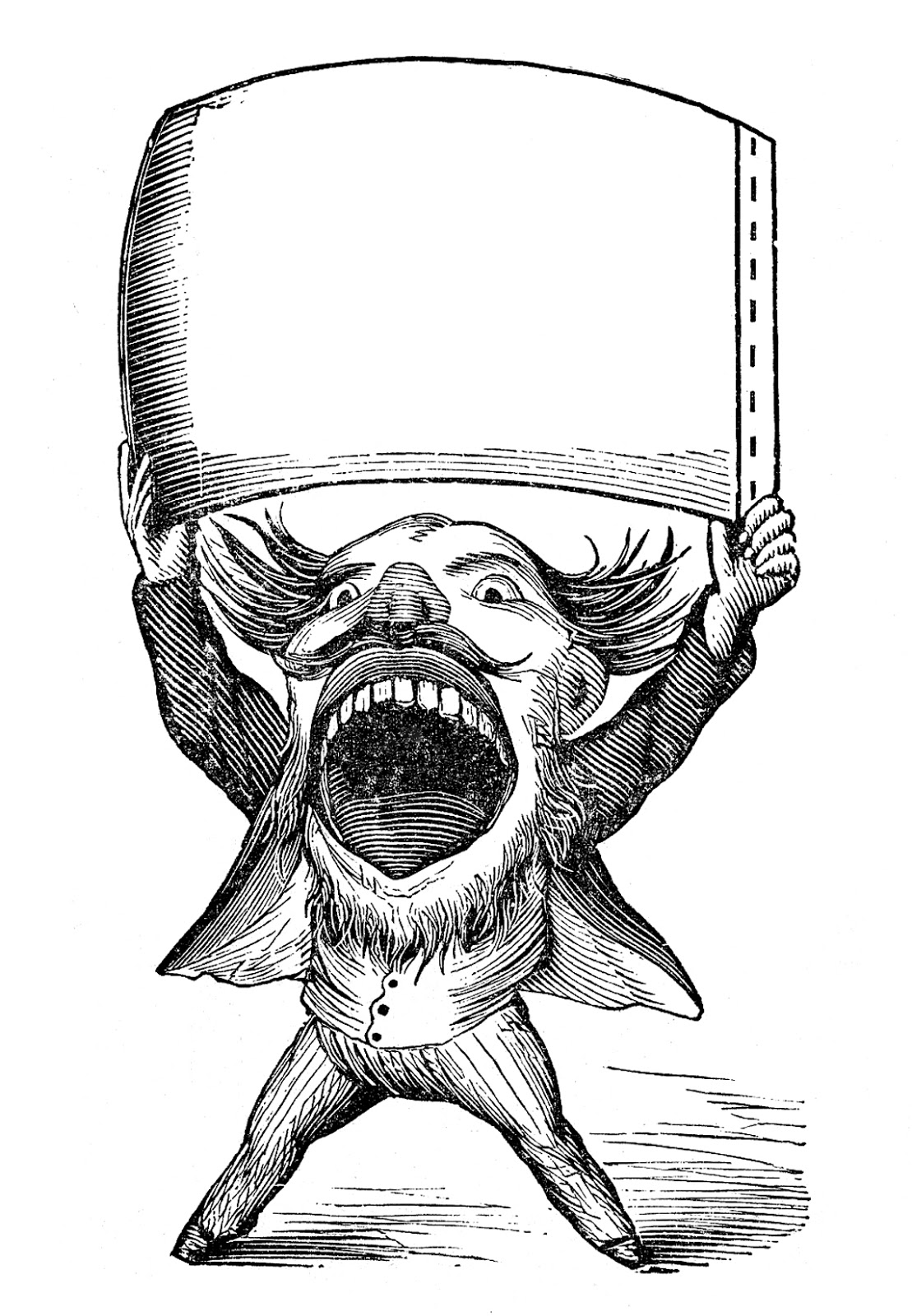 A caricatured man with wild hair and beard screams while hoisting a large blank sign above his head.