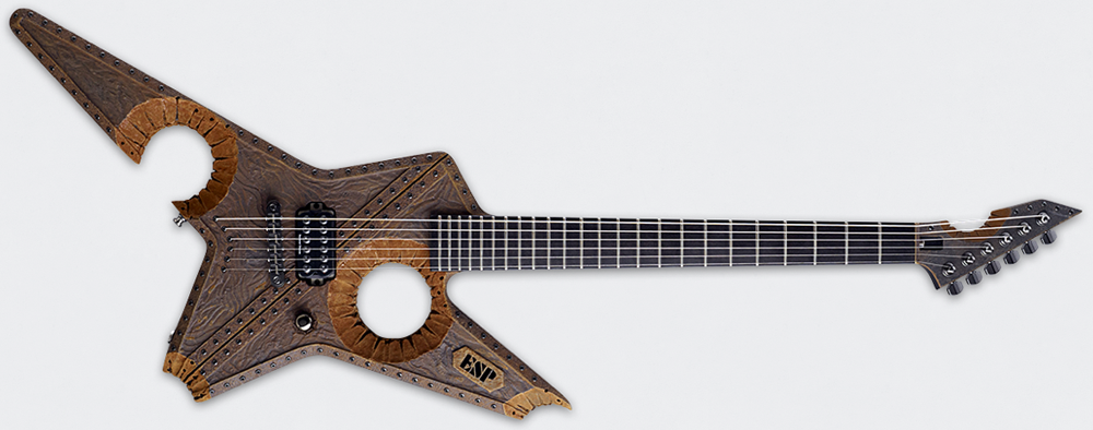 ESP LTD Iron Cross electric guitar with steampunk-inspired wood and metal design, featuring dual cutaways and exposed hardware.