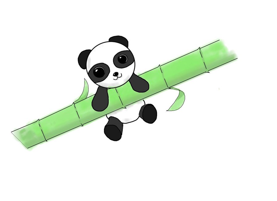 Cute cartoon panda clinging to a green bamboo stalk with large expressive eyes and playful pose.