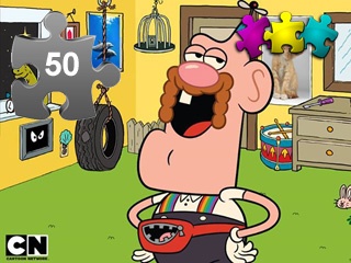A cartoon man with a beard and rainbow suspenders holds a red puzzle piece, surrounded by colorful jigsaw pieces and a "50" puzzle fragment.