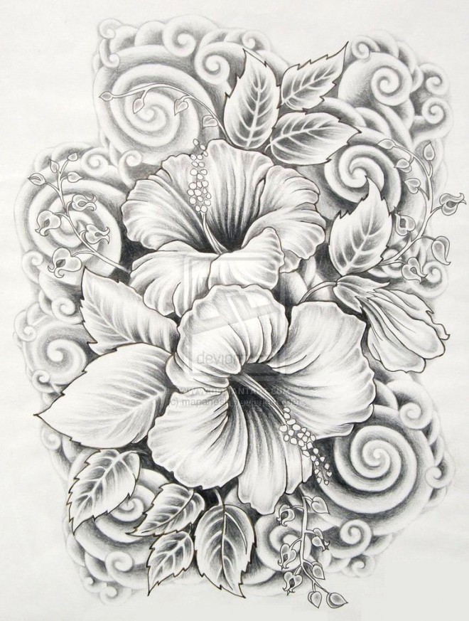 Illustrative style hibiscus flower tattoo located on