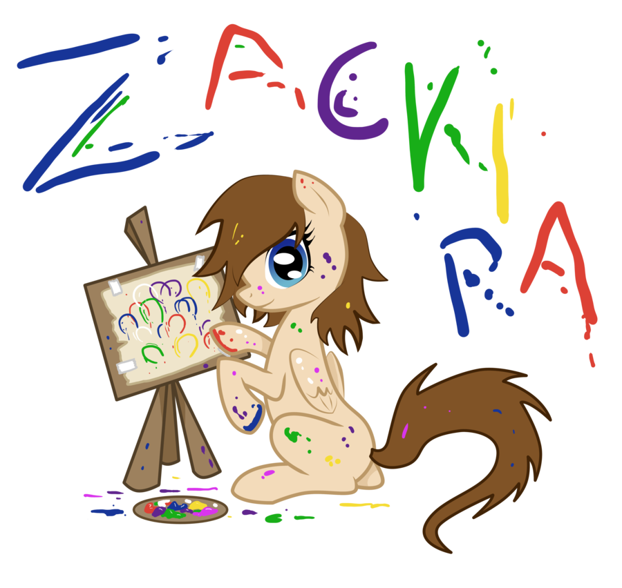 A cartoon pony with brown mane and blue eyes paints colorful horseshoes on a canvas, splattered in paint, with "Zackira" in rainbow letters above.