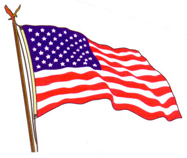 Waving American flag on a wooden pole with eagle finial, stars and stripes in classic red, white, and blue.