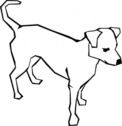 Black-and-white line drawing of a small dog standing in profile, tail raised, ears perked, minimalist geometric style.
