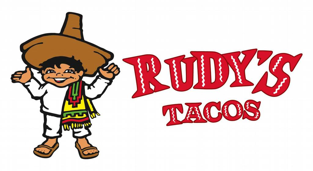 Cheerful cartoon boy in sombrero and serape beside "Rudy's Tacos" logo in red stitched-style font.