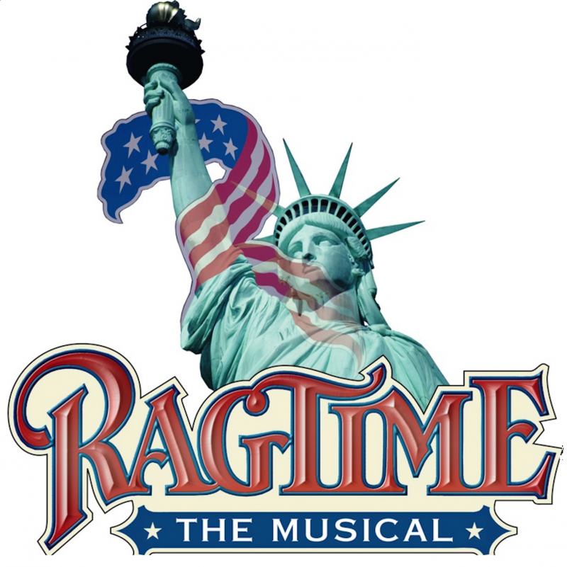 Statue of Liberty holding torch with American flag overlay and "Ragtime: The Musical" title below.