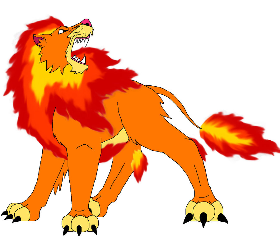 A fiery orange and red lion roaring with flames in its mane and tail, stylized cartoon illustration on white background.