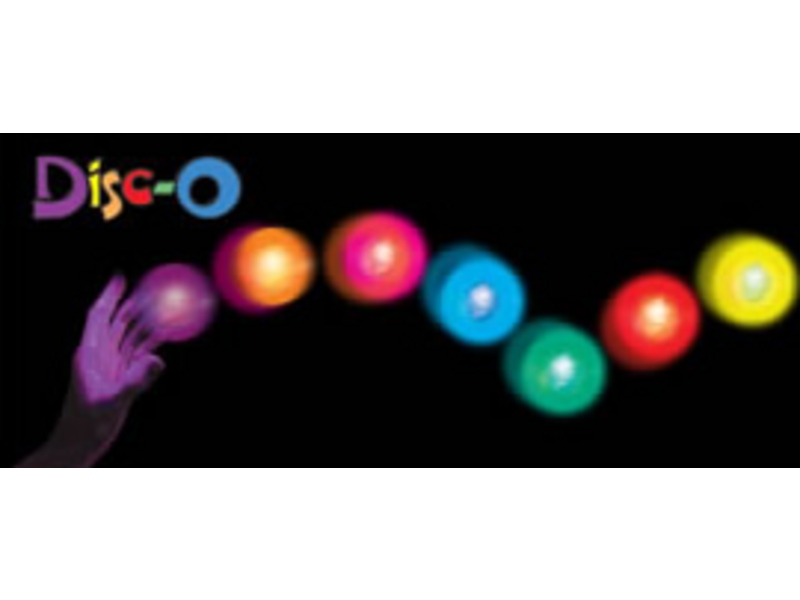A hand juggling glowing multicolored Disc-O balls against a black background with the brand logo visible.