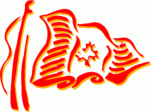 Stylized red and yellow illustration of an open book with a rising sun and flame-like elements, symbolizing enlightenment and knowledge.