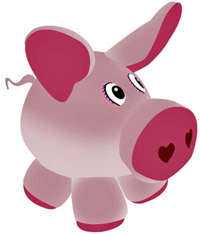 Cute cartoon pig with pink skin, heart-shaped nostrils, and expressive eyes, standing upright on white background.