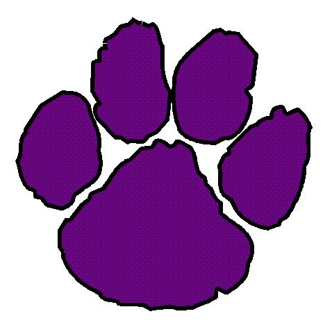 Purple paw print logo with bold black outline, stylized for a sports team or mascot identity.