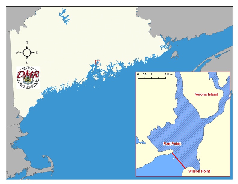 Map showing Fort Point and Wilson Point near Verona Island, Maine, with DMR logo and scale inset.