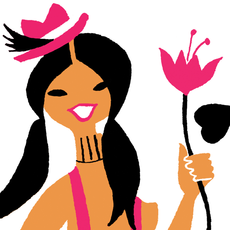 A smiling woman with long black hair, wearing a pink hat and holding a pink flower.