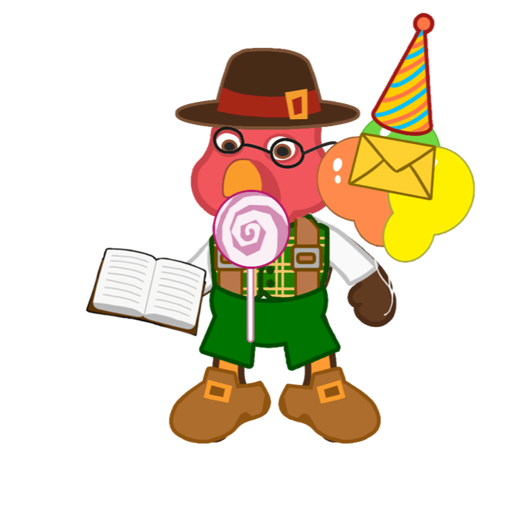 A cheerful cartoon bird in a pilgrim hat, holding a book, lollipop, balloons, and party hat.