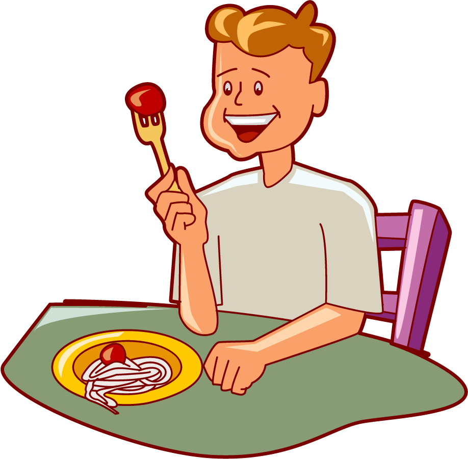 Happy cartoon man eating spaghetti with tomato sauce, smiling while holding a fork with a cherry tomato.