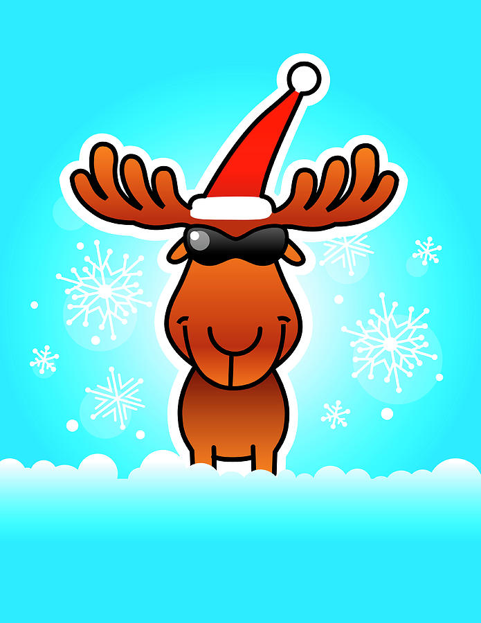 Cheerful cartoon moose wearing Santa hat and sunglasses in snowy scene