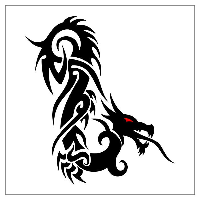 Tribal-style black dragon with red eye and swirling patterns on white background.
