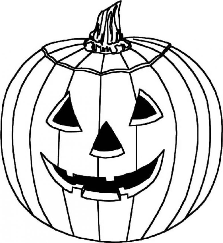 Black-and-white line drawing of a classic jack-o'-lantern with triangular eyes, nose, and jagged smiling mouth.