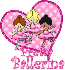 Three diverse cartoon ballerinas in pink tutus dancing inside a glittery pink heart with "Pretty Ballerina" text.