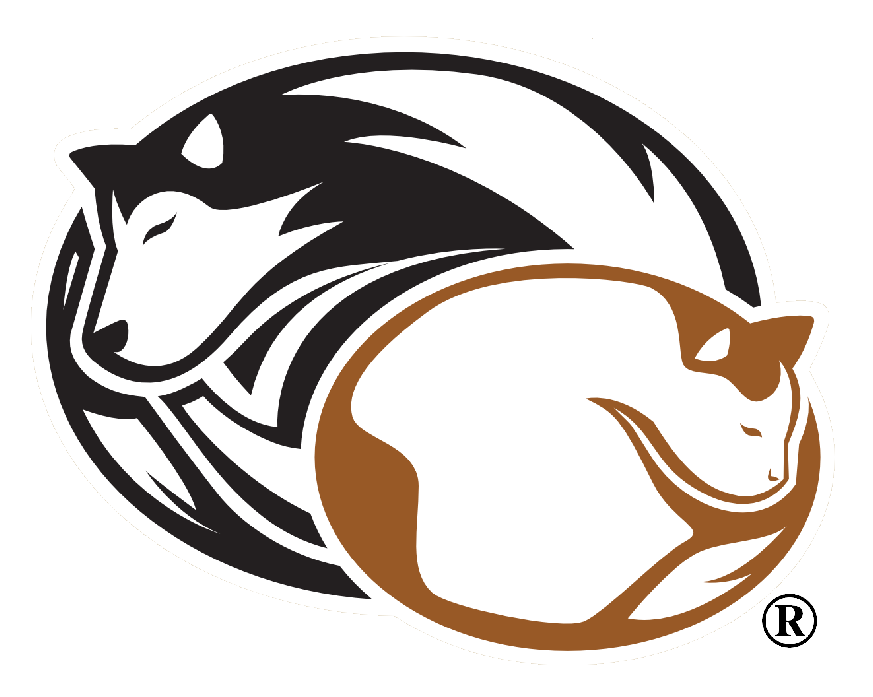 Stylized black-and-white wolf and brown-and-white cat curled together in a circular emblem design.