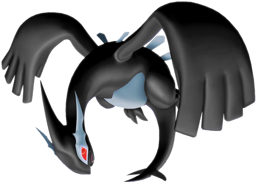 Dark, sleek Pokémon with black wings, glowing red eyes, and icy blue accents in a dynamic flying pose against black background.
