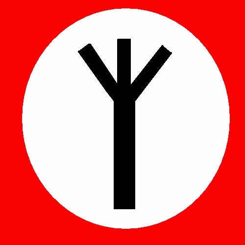 Black Y-shaped rune symbol on white circle against red background, representing the Algiz rune from Elder Futhark.