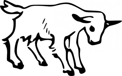 Black-and-white line drawing of a young goat standing in profile, facing right, with simple stylized features and tail raised.