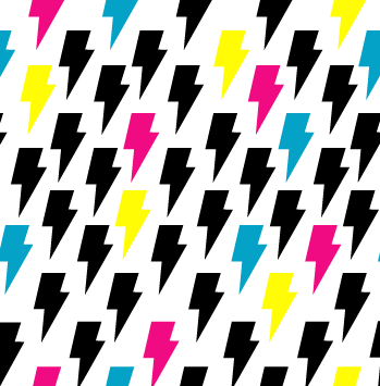 Vibrant repeating pattern of black, cyan, magenta, yellow, and pink lightning bolts on white background.
