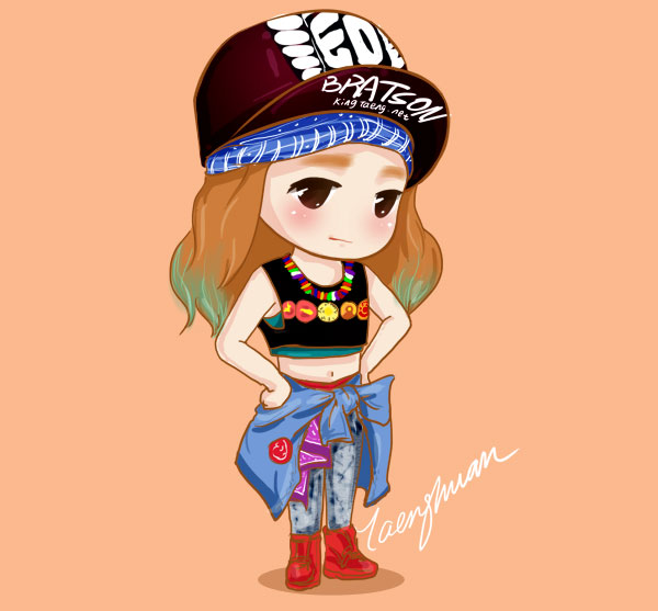 Chibi-style anime girl with maroon cap, colorful crop top, and denim shorts tied at waist, posing confidently.