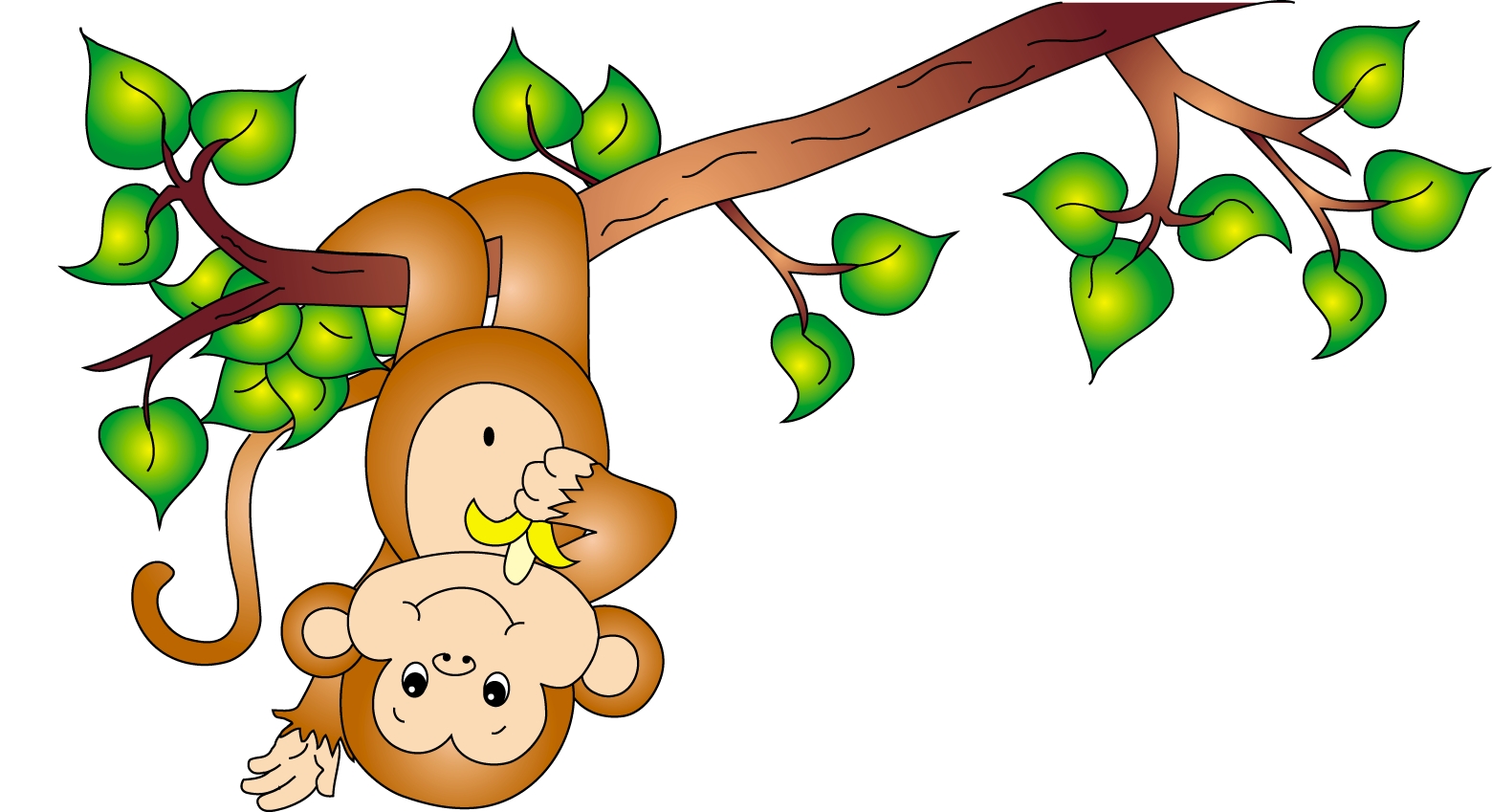 Cartoon monkey hanging upside down from a tree branch, eating a banana with green leaves around.