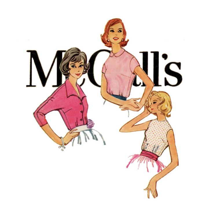 Vintage 1960s McCalls fashion illustration featuring three women in stylish pink and patterned outfits with retro hairstyles.