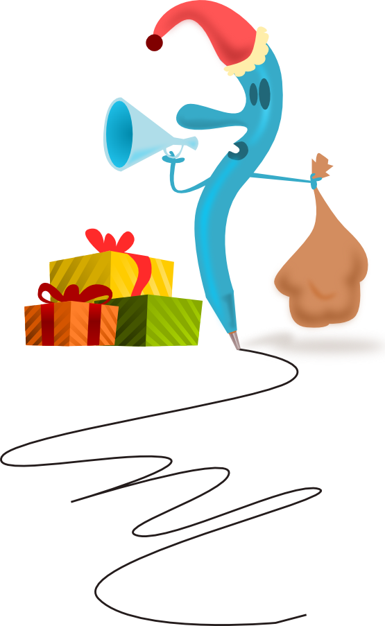 Blue cartoon character in Santa hat shouting through megaphone beside gift boxes and sack of presents.