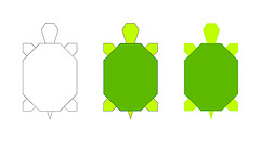 Three stylized turtle icons: outline sketch, solid green, and lime-green accent version.