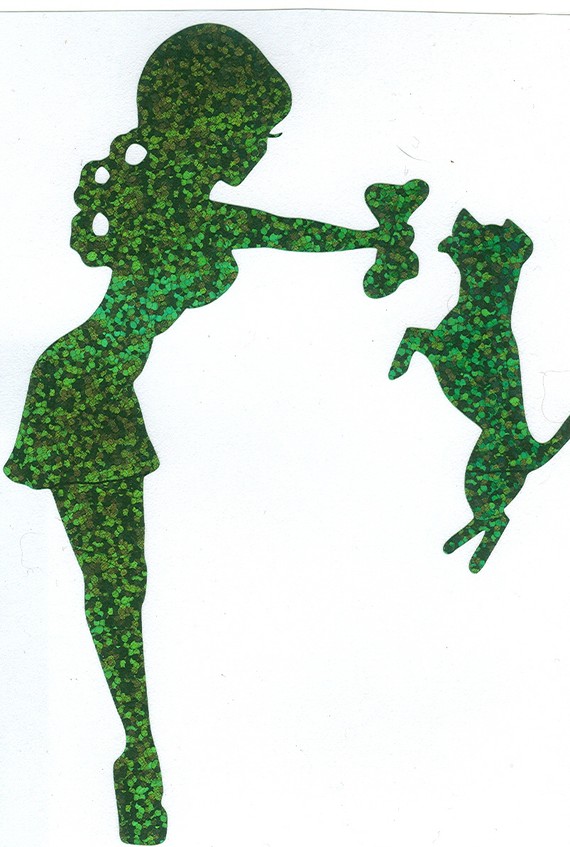 Green Glitter Silhouette Art - Woman and Dog Play Scene