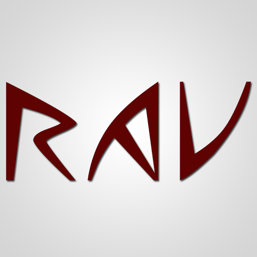 RAV logo in bold maroon letters on a light gray background