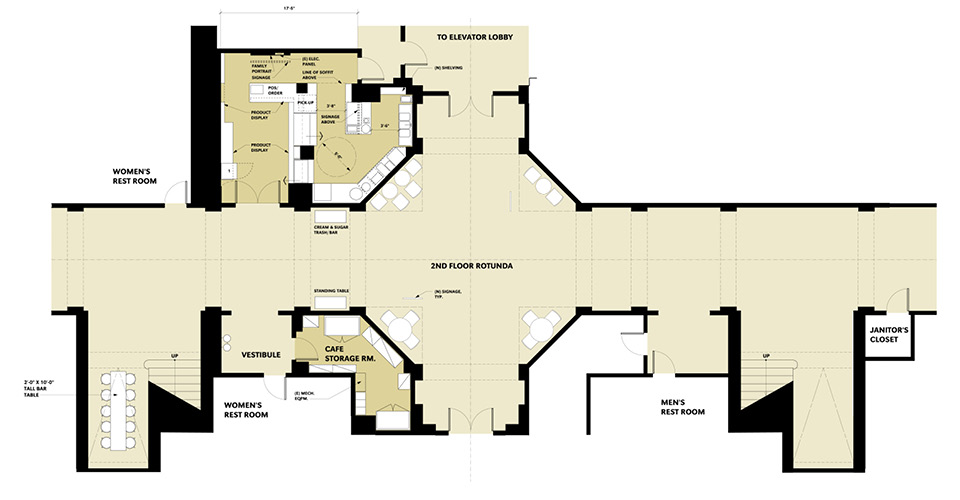 2nd Floor Rotunda Layout - Functional Design with Restrooms & Café Storage