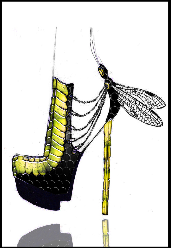 Avant-garde high-heeled shoe with lime-green scale texture, black platform, chain detailing, and a dragonfly wing heel accent.