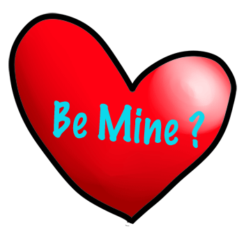 Red heart with bold black outline and cyan "Be Mine?" text, symbolizing romantic invitation.