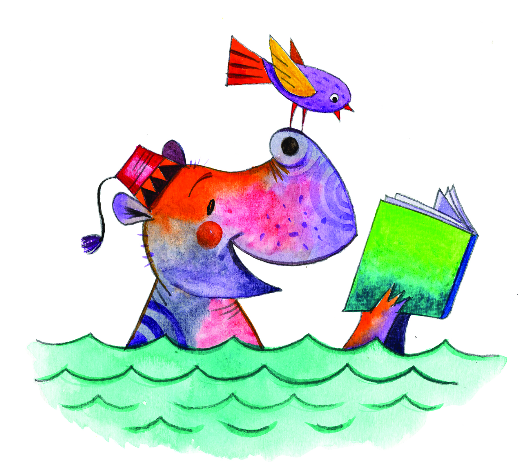 A colorful cartoon hippo wearing a party hat reads a green book in water while a purple bird perches on its nose.