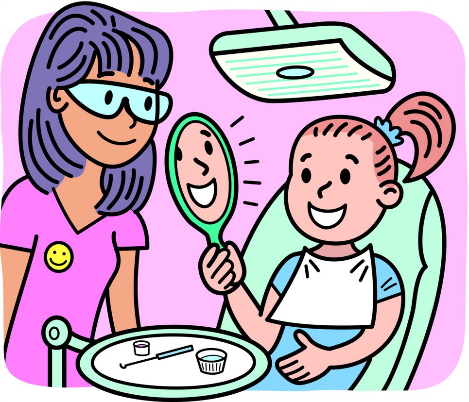 Pediatric Dental Checkup - Happy Child Viewing Smile in Mirror with Dentist