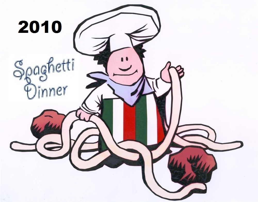 Cartoon chef in Italian flag apron holding spaghetti, labeled "2010 Spaghetti Dinner"