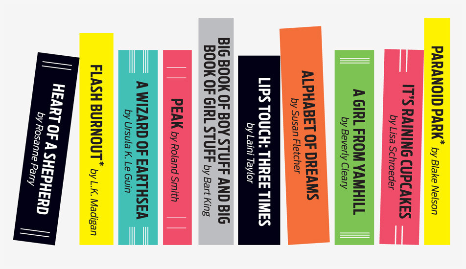 Colorful illustrated book spines featuring titles like "Heart of a Shepherd," "Flash Burnout," and "Paranoid Park" arranged in a row.